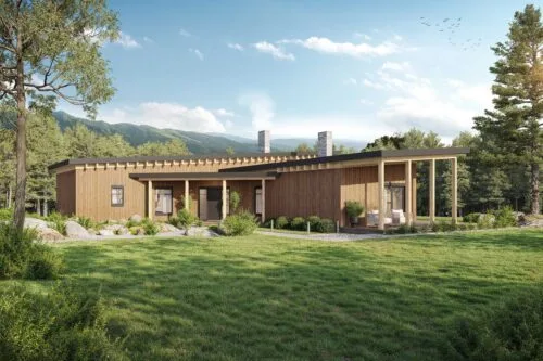 Eco-friendly modern wooden house in lush green landscape, outdoor patio, scenic mountain view.