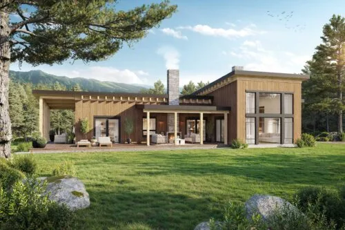 Eco-friendly modern house plan in lush green landscape, outdoor patio, scenic mountain view.
