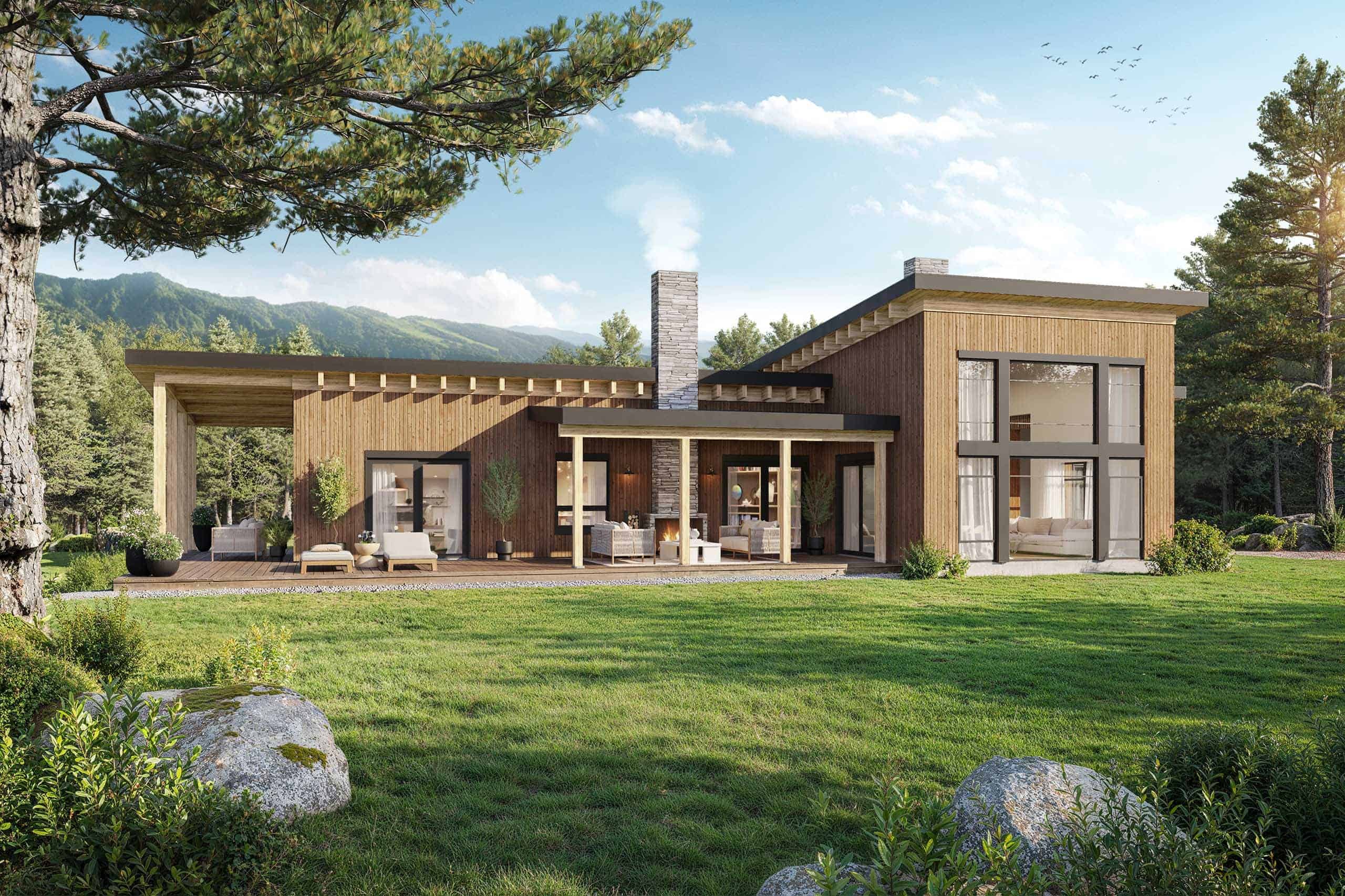 Truoba-Class-115-modern-house-plan Eco-friendly modern house plan in lush green landscape, outdoor patio, scenic mountain view.